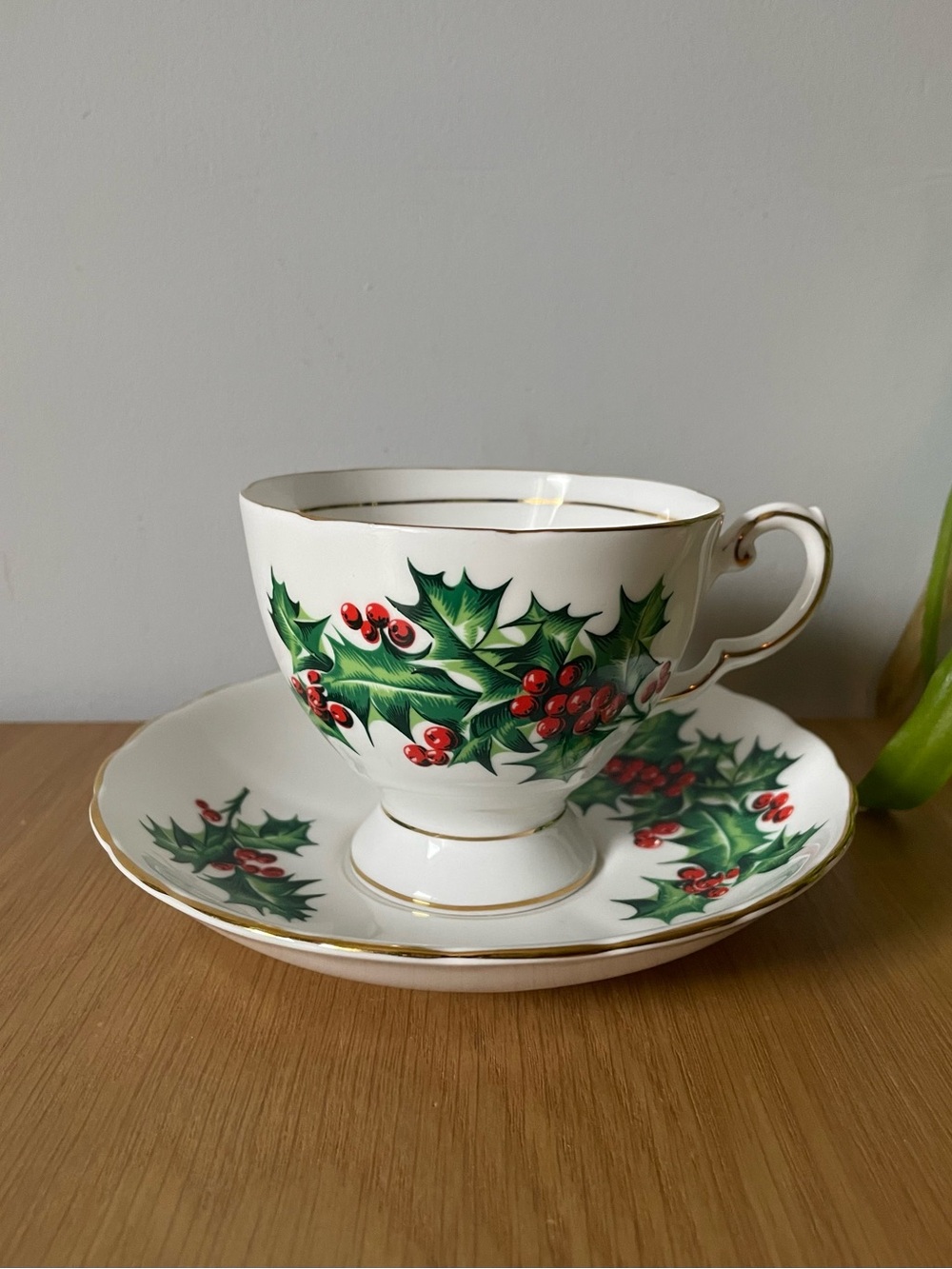 Vintage 1950s Royal Tuscan December Holly Teacup and Saucer Set Bone China
